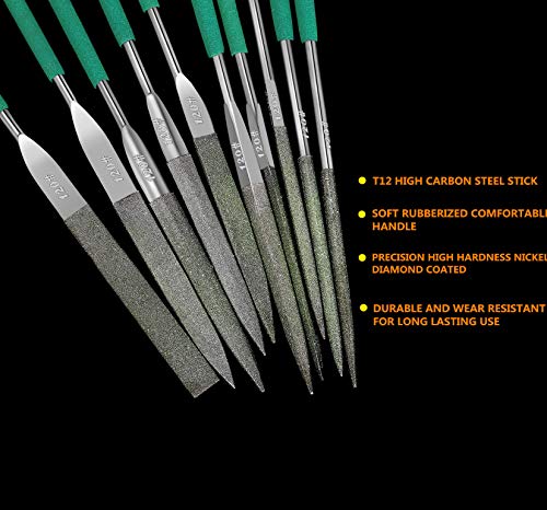 Fatmingo 10 Piece Precision Diamond Needle File Set 120 Grit Hardened Nickel Coated Jewelers Files For Filing Metal Ceramic Glass Stone Jewelry 4X160Mm #TOP3