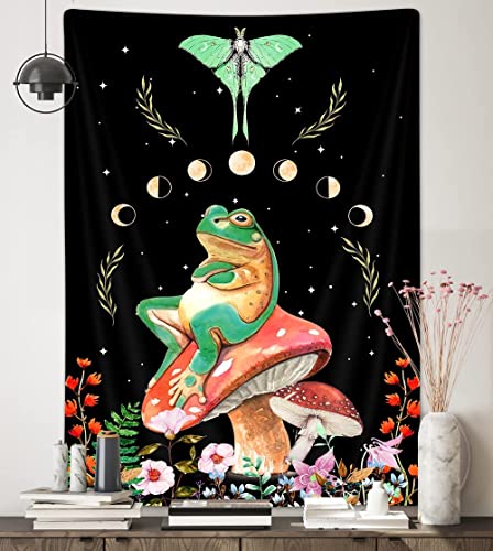 Moon Phase Tapestry Mushroom Frog Butterfly Vertical Tapestries, Sun And Moon Moth Cottagecore Frog Wildflower Aesthetic Tapestry, Funny Cool Tapestry Wall Hanging For Bedroom Room Living (30X40) #TOP3