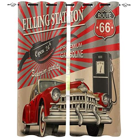 LOVE HOME DAY Window Curtains Treatments 2 Panels Set, American Vintage Route 66 Privacy Drapes Curtain for Bedroom Living Room Sliding Glass Door Decor Retro Classic Old Car Gas Station 40×63in×2 Cover