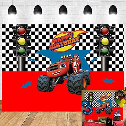 MECOLO Cartoon Monster Truck Party Backdrop Monster Machines Childrens Boys Birthday Party Photo Backdrop Background Baby Shower Photography Banner Decoration 5X3FT Cover