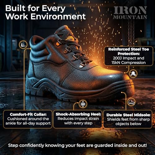 Iron Mountain Unisex-Arbeitssicherheitsstiefel S3 SRC, Leder mit Stahlkappe und Stahlzwischensohle, Chukka-Arbeitsstiefel, rutschfest, antistatisch, robuste Arbeitsstiefel, Schwarz, EU 45