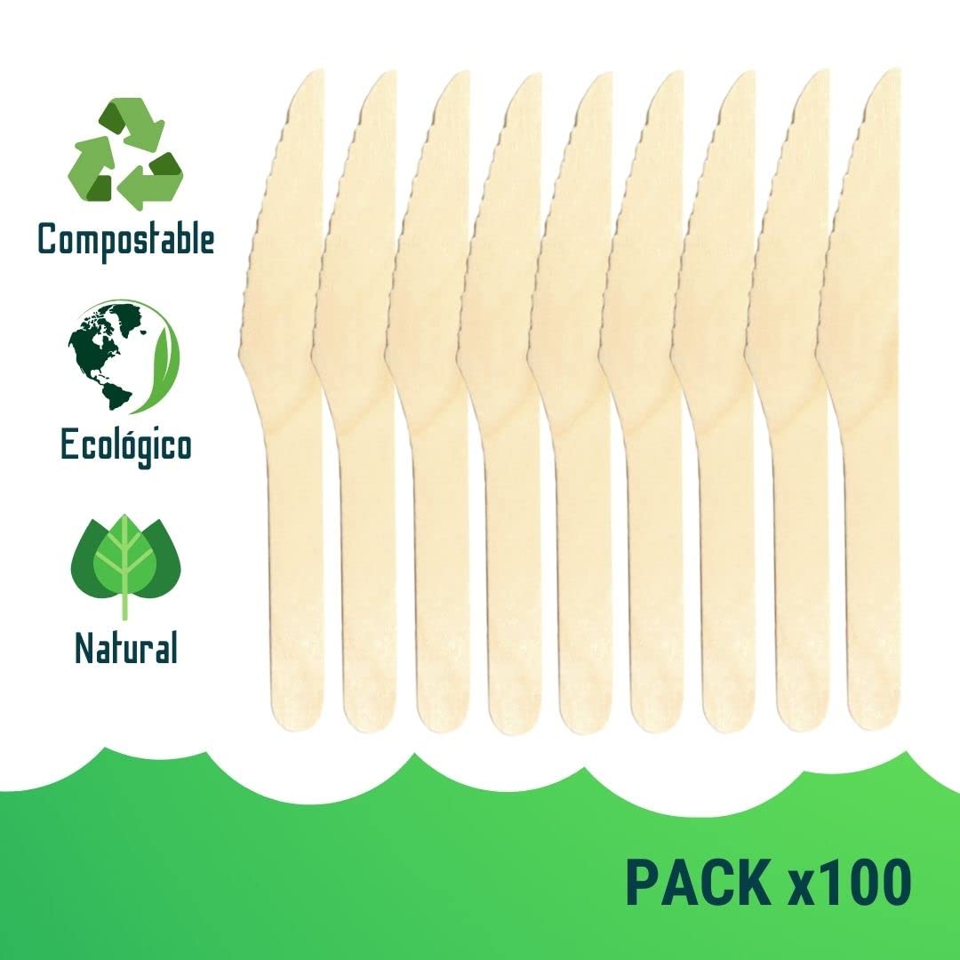 Matsa Set di 100 coltelli monouso in legno naturale, 100% biodegradabili e compostabili. Posate usa e getta ecologiche. 16,5 cm Coltello Riutilizzabile in Legno