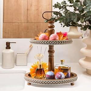 Handmade Two Tiered Tray Stand, Small Beaded Tiered Seasonal Tray Decor, Warm Brown Wooden Kitchen Serving Tray for Coffee Food Fruits Cupcakes, Home Decor Holiday Display Handmade Two Tiered Tray Stand Small Beaded Tiered Seasonal Tray Decor Warm Brown Wooden Kitchen Serving Tray for Coffee Food Fruits Cupcakes Home Decor Holiday Display