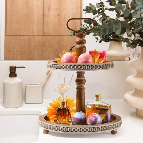 Handmade-Two-Tiered-Tray-Stand-Small-Beaded-Tiered-Seasonal-Tray-Decor-Warm-Brown-Wooden-Kitchen-Serving-Tray-for-Coffee-Food-Fruits-Cupcakes-Home-Decor-Holiday-Display Handmade Two Tiered Tray Stand Small Beaded Tiered Seasonal Tray Decor Warm Brown Wooden Kitchen Serving Tray for Coffee Food Fruits Cupcakes Home Decor Holiday Display