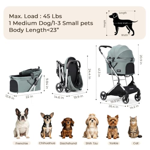 Image of Pet Stroller Dog Cat Stroller for Small Medium Dogs Cats, 4 Wheels Travel Folding Carrier Waterproof Puppy Stroller with Pad, Canopy and Cup Holder, Green