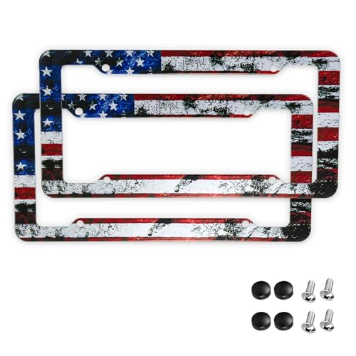 Image of StandardAutoPart American Flag License Plate Frames - Plastic USA Flag Car Tag Holder with Screws Caps and Patriotic Decals - Universal Fit (American Flag - 2 Pack)