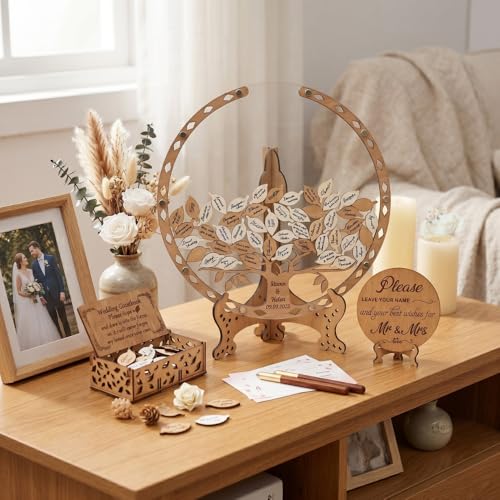 Image of Personalized Maple Tree Wedding Guest Book Alternative, Fall Leaf Drop Box | Rustic autumn reception decor; guests sign wooden leaves dropped inside as a bridal shower keepsake