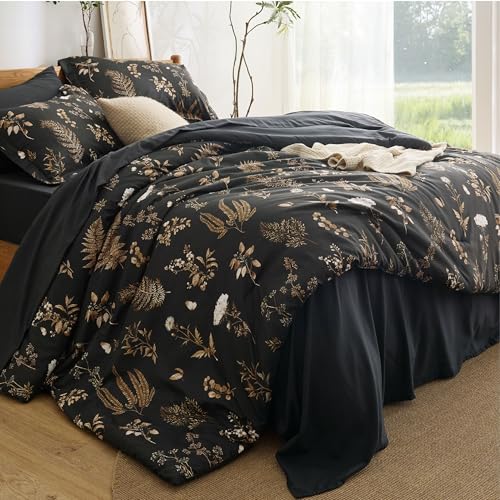 Image of Bedsure Floral Black Comforter Set, Queen Bedding Sets, 7 Piece | Bed in a Bag, Comforters, Bedroom, Reversible, Fluffy, Whisper-Quiet, All-Season, Polyester, Easy Care, Botanical-Chic, OEKO