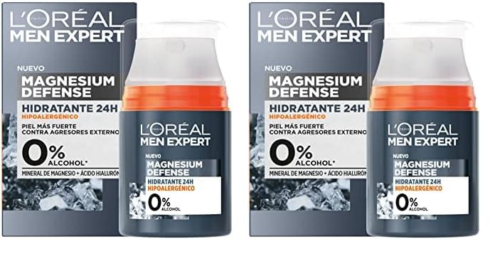 L'Oréal Men Expert, Crema Facial Hidratante 24H Para Hombre, Hipoalergénica Mineral de Magnesio + Ácido Hialurónico, Sin alcohol, Pieles Sensibles, 50 ml (Paquete de 2)
