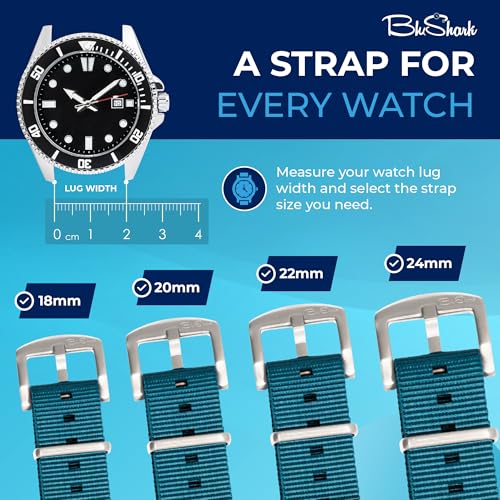 Image of BluShark - Original Collection Military-Style Waterproof Watch Strap, Fits All Timepiece Brands, Durable Nylon Wristwatch Accessories with Stainless Steel Buckle - 18mm, 20mm, 22mm & 24mm Watch Bands