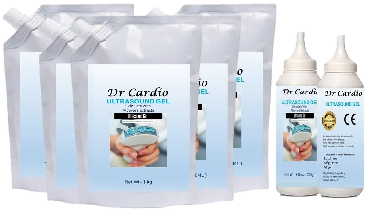 Dr Cardio Ultrasound gel | Sonography | Doppler | Phsyiotheraphy | ECG conductive jelly Easy filling with sqeezy refill pack ISO & CE certified 5x1kg + 2x250g bottles Blue (B0D52ZFWBW) Amazon Price History, Amazon Price Tracker