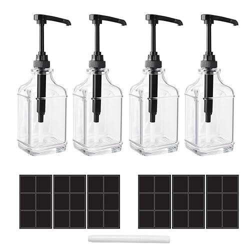 4 Pcs 16 Oz Coffee Syrup Dispenser Coffee Syrup Pump Dispenser Pumps for with Pen And 36 Pcs Label Paper for Various Condiments Or Liquids (Black, 16 Oz) - 16 Oz - Black