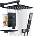 EMBATHER Black Shower System with Waterfall Tub Spout 12 Inches Shower Tub Faucet Set Wall Mount with Square Rain Showerhead and Handhled(Included Rough-in Valve Body and Trim）