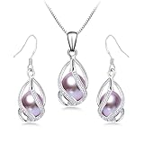 HENGSHENG Pearl Jewelry Set For Women S925 Sterling Silver/14K Gold Plated Necklace & Earrings Set Freshwater Pearl Pendant Cage Set for Wedding Anniversary Prom Birthday Gift, Sterling Silver
