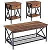 VECELO Coffee Table Set of 3, 2 Nightstands With Drawer & Storage For Living Room, Office, Brown