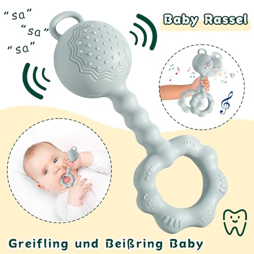 Babyspielzeug 0-6 monate - Tikplus Montessori Baby Rassel und Beißring Baby, BPA-frei Silikon Greifling Baby Sensorik Feinmotorik Spielzeug, Zahnungshilfe für 3+ Monate Junge, Mädchen (Grün) – Bild 4