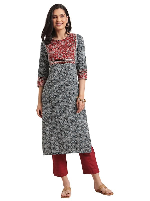 Varanga Women Blue & Maroon Printed Round Neck Straight Kurta With Contrast Yoke & 3/4Th Sleeves (Double Extra Large)