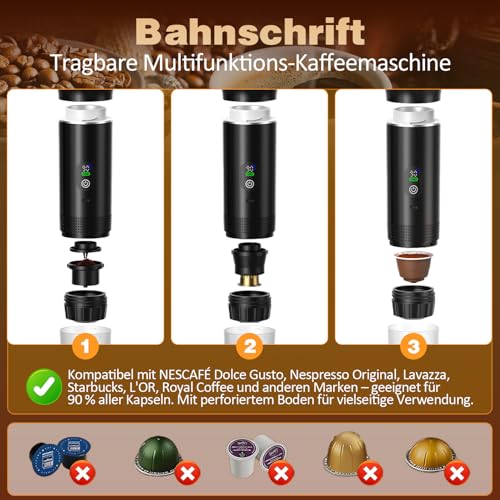 Tragbare Espressomaschine 3-in-1, Mini Kaffeemaschine mit Akku & Selbstheizung, Portable Espresso Machine USB Wiederaufladbar, Kompatibel mit Kapseln Gemahlenem Kaffee, fürAuto, Camping, Reisen & Büro 6