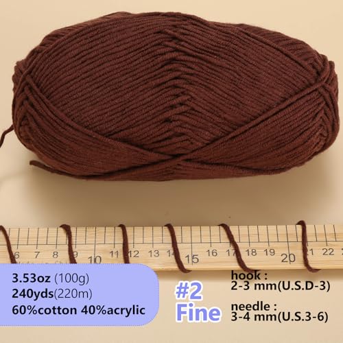 Image of LUCKY BALL Milk Cotton Yarn, 100g / 240 yd 60% Cotton 40% Acrylic #2 Fine Sport Yarn, Soft Crochet & Knitting Yarn for Amigurumi Dolls, Baby Items, Flowers, Hats, Sweaters, Blankets(Coffee)