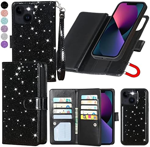 Varikke for iPhone 13 Case Wallet, iPhone 13 Case for Women with Card Holder & Magnetic Detachable Cover & Kickstand Strap Lanyard Glitter PU Leather Flip Wallet Phone Case for iPhone 13 6.1", Black