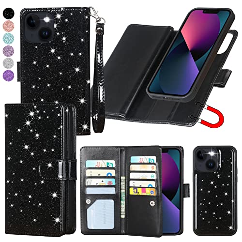 Varikke For Iphone 13 Case Wallet, Iphone 13 Case For Women With Card Holder & Magnetic Detachable Cover & Kickstand Strap Lanyard Glitter Pu Leather Flip Wallet Phone Case For Iphone 13 6.1", Black #TOP24
