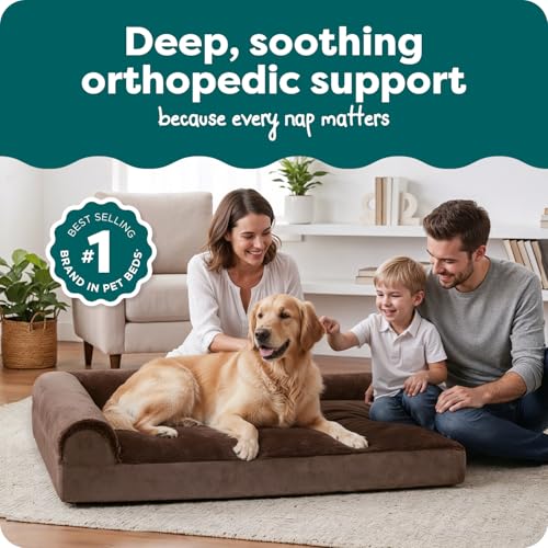 Image of FurHaven Orthopedic Dog Bed for Large Dogs, L-Shaped Chaise Mattress, Egg Crate with a Solid Orthopedic Foam Base for Joint Support, Removable Washable Cover, Jumbo XL, Plush & Velvet, Sable Brown