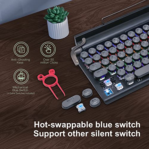 Razeak Typewriter Keyboard Wireless, Retro Keyboard Typewriter Style Bluetooth 5.0 Multi Devices Connection For Ipad/Mac/Pc/Laptop Upgraded Usb-C Interface (Leather Black) #TOP3