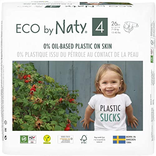 Eco by Naty Pañales, Talla/Tamaño 4, 26 unidades, 7-18 kg, Pañal ecológico Premium hecho a base de fibras vegetales. 0% plásticos derivados del petróleo en contacto con la piel