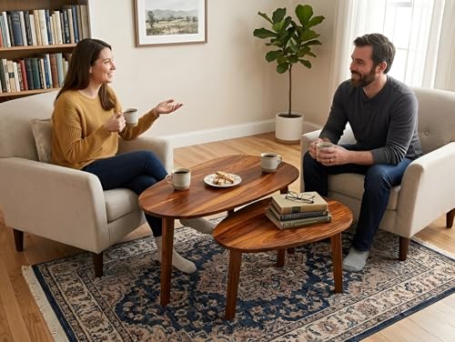 Image of Sheesham Wood Coffee Table Set for Living Room | Nesting Center Table Set of 2 with Oval Top and Tapered Legs | Modern Wooden Tea Table with Space Saving Design | Mid Century Style Furniture | Brown