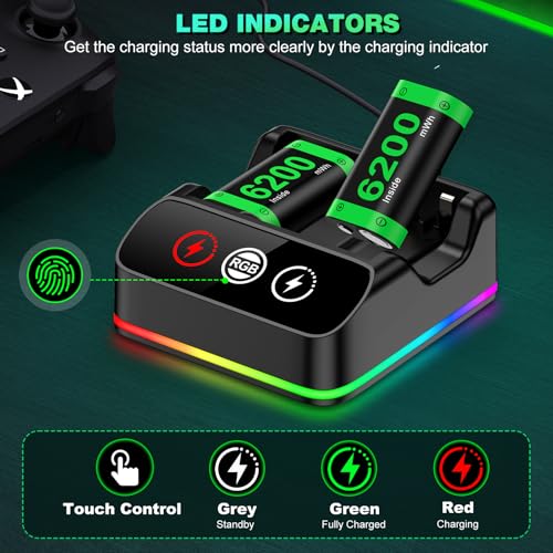 Image of DINOSTRIKE 2X 6200mWh Controller Battery Pack Rechargeable Compatible with Xbox One【RGB Charging Station】【Extended USB C Cable】 Rechargeable Battery for Xbox Series S /X