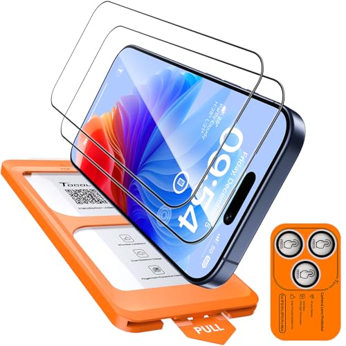 TOCOL für iPhone 15 Pro Max für Panzerglas mit Kameraschutz Auto-Installation Full Screen Ultra-Klar 9H Härte Stoßfest Kratzfest Anti-Fingerabdruck Anti-Bläschen Kompatibel mit Hülle Klar