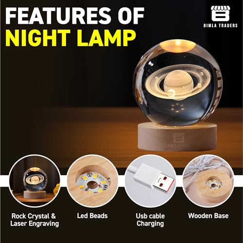 Image of 3D Saturn Crystal Ball Night Lamp, Galaxy Light Ball with Wooden Base, Perfect for Home Decor, Office, Birthday Gift & Kids Bedroom