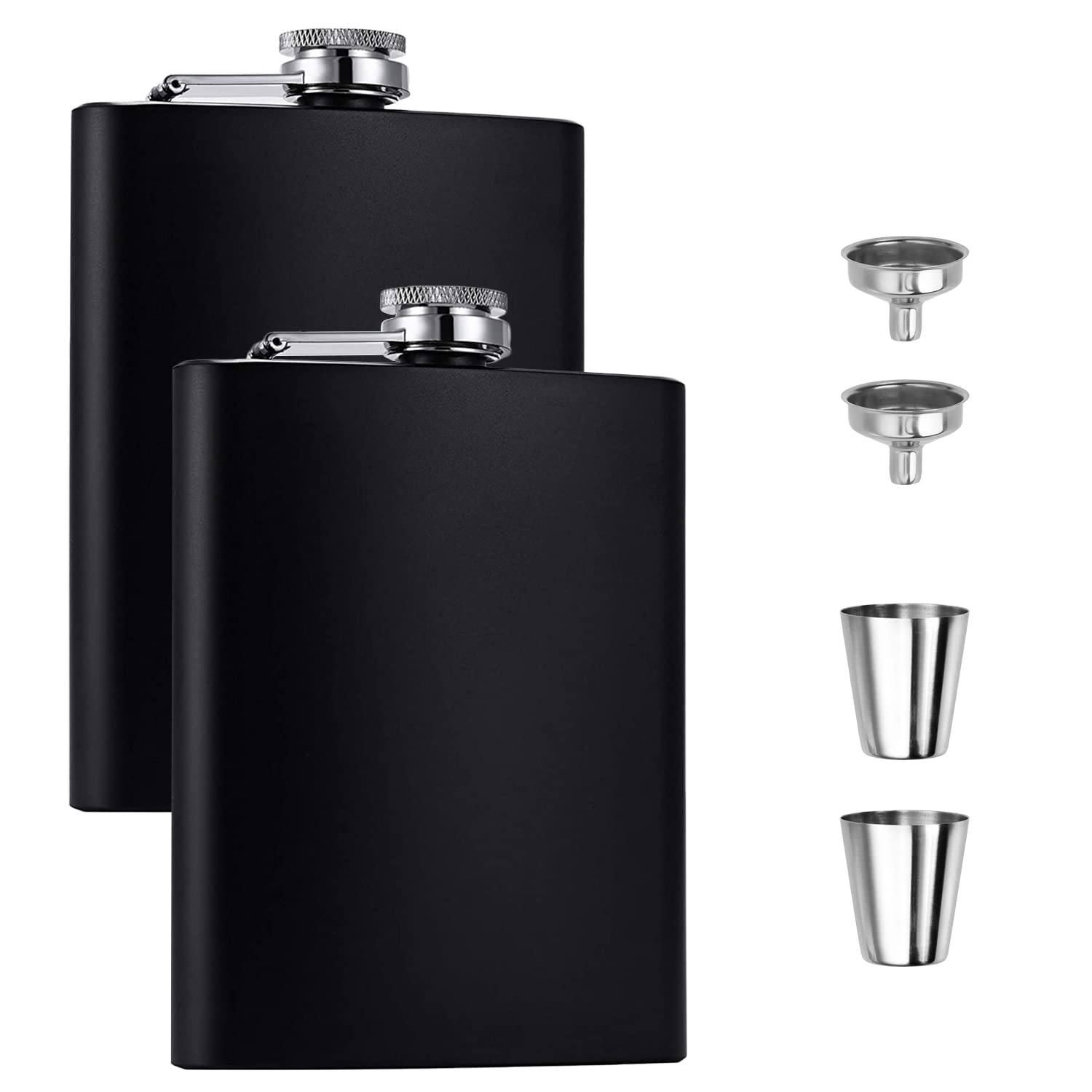 ACONDE Hip Flask Set, Stainless Steel Flasks with 2 Small Cups and 2 Funnels, 8 oz, Matt Black, 2 Pieces