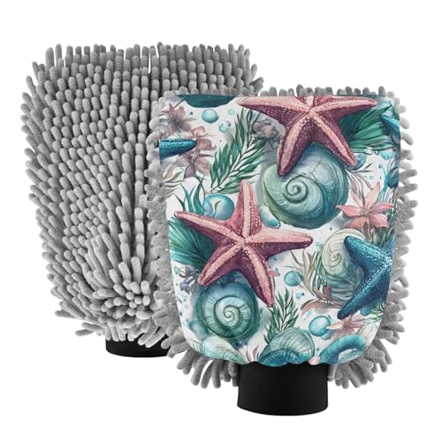 ALAZA Starfish Shell Car Wash Mitt Scratch Free, 2 Pack Absorbent Microfiber/Chenille Washing & Drying Mitts, M