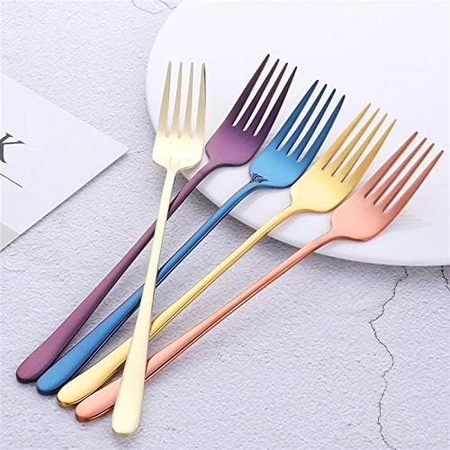 Forks 8 Colors of Stainless Steel Fork Set Colorful Dessert Fork Long Handle Golden Blue Fork Set Hotel Party (Color : F) (H)