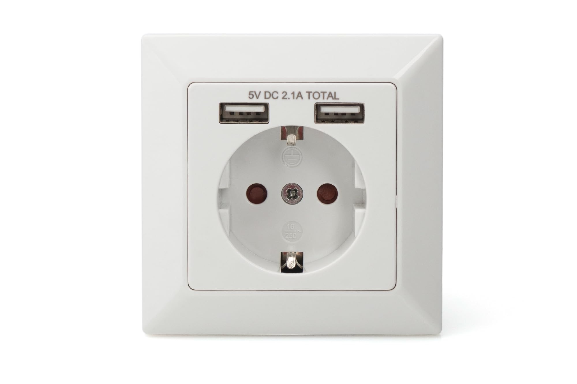 DIGITUS DA-70613 - Presa da incasso con caricatore USB-A - 2 pezzi - 2 prese USB - 5V / 2,1 A in totale - 250 V 50 Hz - Profondità di montaggio 32 mm - Compatibile con il design - Bianco puro RAL 9003