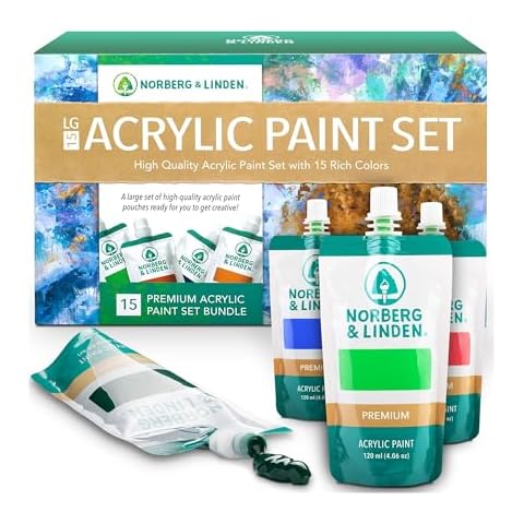 Norberg & Linden Premium Acrylic Paint Set, 15 Large Tubes (4 oz Each) - Acrylic Paint Sets for Adults, Teens, Kids - Premium Painting Supplies - Includes 15 Vivid Colors Cover