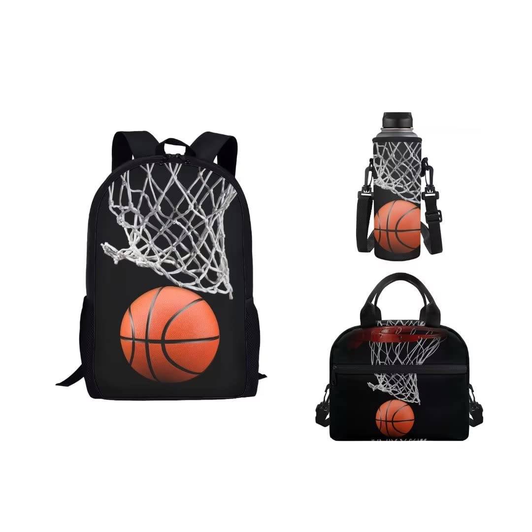 PZZ BEACHBasketball Boys School Bag Backpack Set Bookbag Thermal Lunch Box Bag Water Bottle Sling Case Bag for Elementary Primary Back to School Supplies