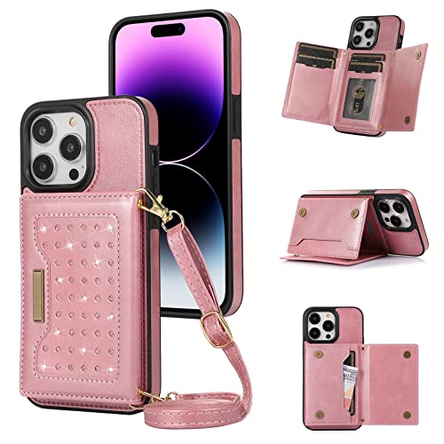 Coque portefeuille iPhone 14 en cuir végétalien premium avec bandoulière et protection anti-RFID