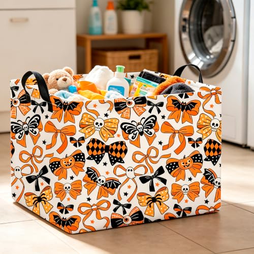 Image of CLOCOR Rectangular Storage Basket,Collapsible Cute Pattern Storage Bin,Waterproof Books Box with Handles,Gift Basket(Halloween Bowknot)