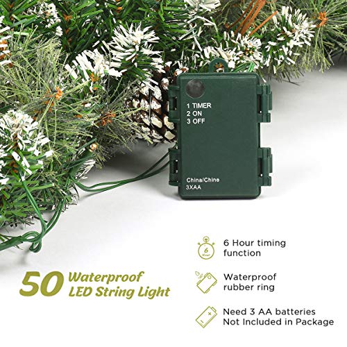 Oasiscraft 9 Ft Prelit Christmas Garland With Pine Cones, Artificial Snowy Pine Garland For Christmas 50 Led Battery Operated Warm Lights And Timer Xmas Garlands Decor Indoor Outdoor #TOP3