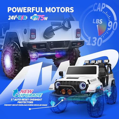 Joywhale 24V 2 Seater Kids Ride on Car Truck 4WD Battery Powered Motorized Easy-Drag Truck, with 4x75W Powerful Engine, Soft Braking, 2.4G Remote Control, Suspension & Car Cover, White