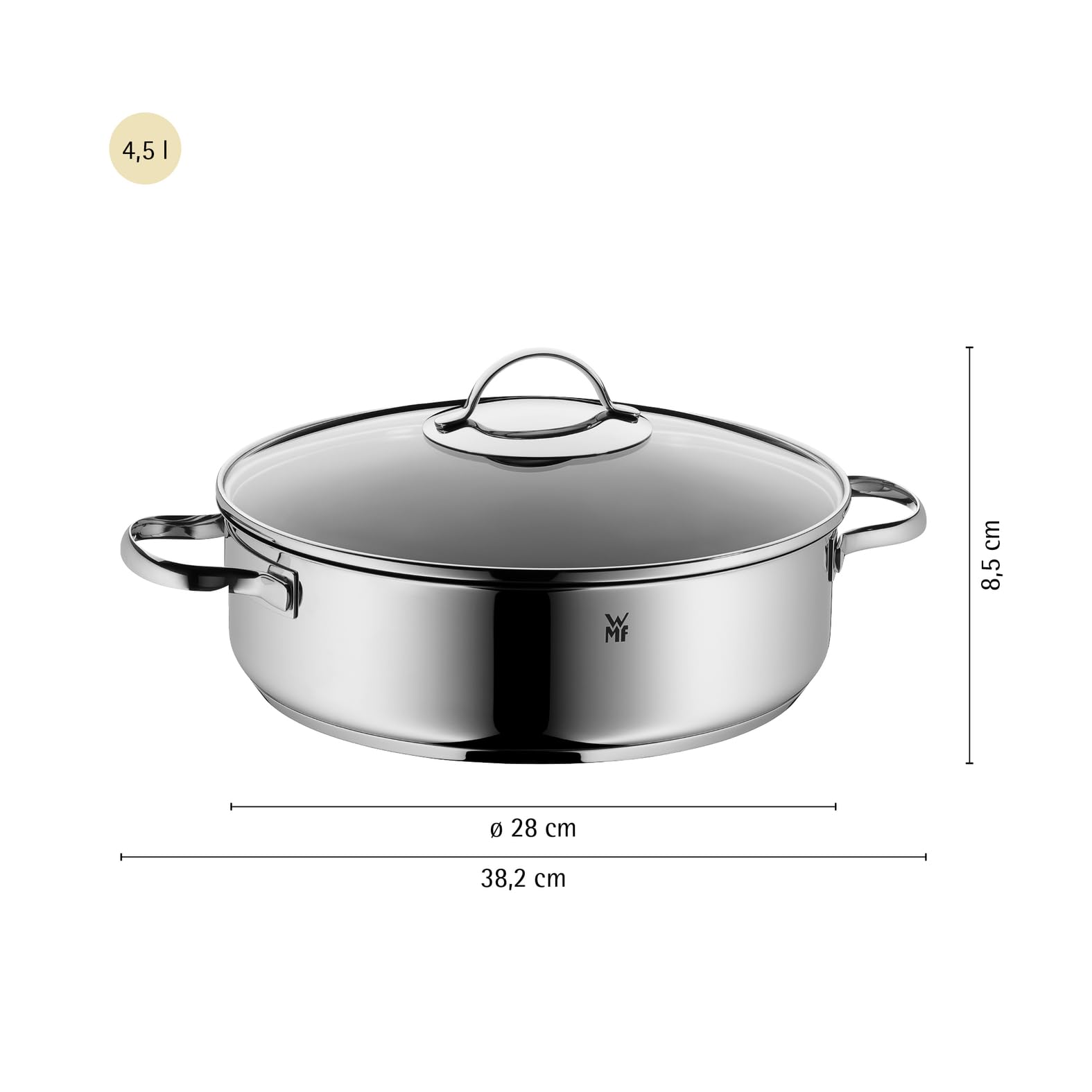 WMF Schmorpfanne 28 cm hoher Rand, Schmortopf mit Deckel 5l, Bräter Induktion, backofenfest, Antihaftbeschichtung, für alle Herdarten geeignet, tropffrei, Cromargan Edelstahl beschichtet