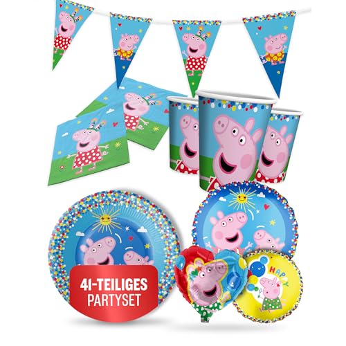 Peppa Pig Zeichentrick Geburtstagsdeko Komplettset für Kinder - 41 tlg. Tischdeko Pappgeschirr mit Wimpelkette für Kindergeburtstag & Mottopartys - Party Deko Bundle mit Tellern Servietten etc.