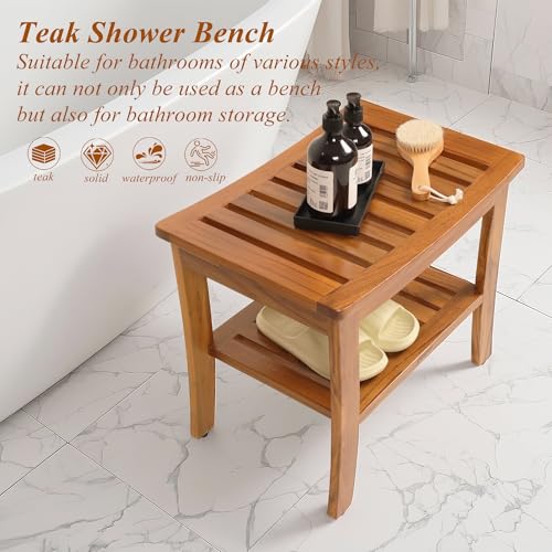 Boflay Teak Wood Shower Bench?Wooden Water-Resistant Bench with Shelf 21 Inch?Fully Assembled Spa Teak Bath Stool for Elderly?Indoor and Outdoor Use?Max 500 lbs (A.Bench)