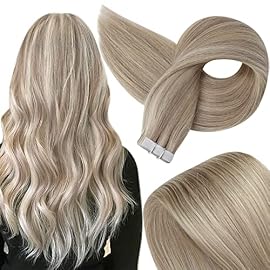 Full Shine Tape in Hair Extensions Human Hair 18inch Blonde Hair Extensions Remy Hair Ash Blonde Hair Extensions Highlight with Platinum Blonde Real Human Hair 20Pcs 50Grams
