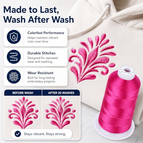 Image of Simthread 5500Yds Embroidery Thread 5000M, 40WT 100% Polyester Machine Embroidery Thread, High-Yardage Spool for Brother, Singer, Janome, Babylock, Husqvarna Machines, Fuchsia S077 | 5000M 40WT polyester thread feeds smoothly for home or commercial embroidery projects.