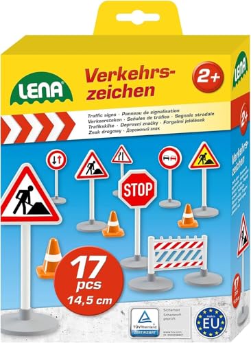 LENA - 04440 - Verkehrszeichen Set mit 17 Teilen, 9 Verkehrsschilder ca. 16 cm, 5 Pylonen und 3 Bauzäunen, Ergänzung für Spielfahrzeug Serien Truxx, Worxx, Truckies, EcoActives, Aktive, Profi und mehr