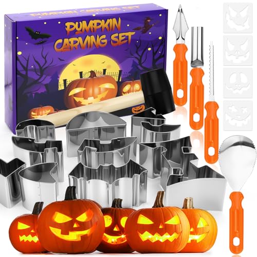 DNGH Halloween Kürbis Schnitzset mit Vorlagen 19 Stück Pumpkin Carving Kit Schnitzwerkzeug Kürbis Schnitzen Kürbisschnitzset mit Ausstechformen Gummihammer für Kinder & Erwachsene
