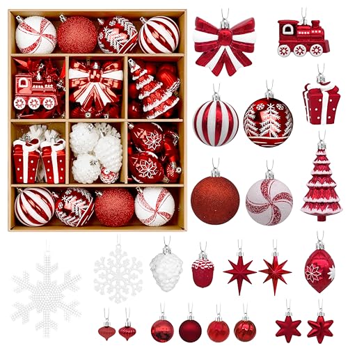Alupssuc 82PCs Weihnachtskugeln, Bruchsicher Rot Weiß Christbaumkugeln – Ansicht 2